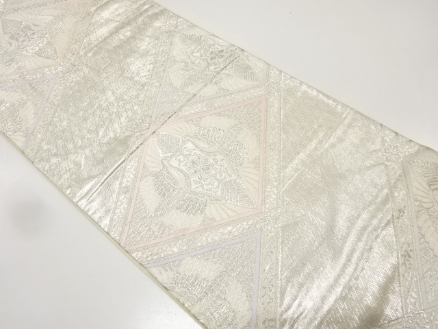 アンティーク　菱に向かい鶴・花更紗模様織り出し袋帯（着用可）